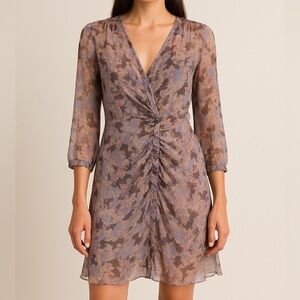 IRO Paris‎ Silk Chiffon Sheer Abstract Print Ruched Button Dress Size 44